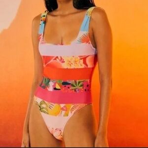Striped Floral One-Piece Swimsuit in Pink and Orange - Women Swim